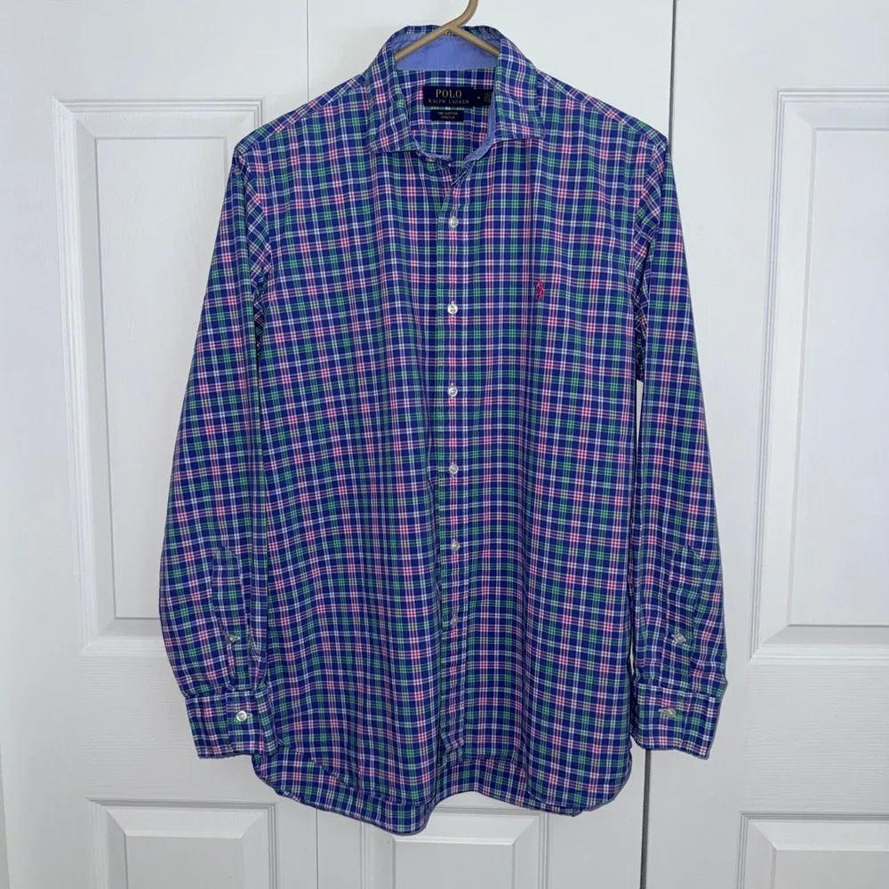 Polo Ralph Lauren Mens Medium Blue Green Pink Plaid‎ Cotton Stretch Shirt M